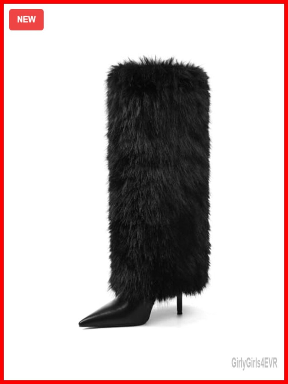 Faux Fur Fold Over Knee High Boots Pointed Toe Stiletto Heel